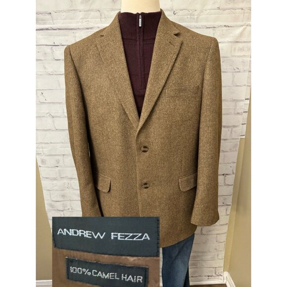 Andrew Fezza Mens Brown Blazer Jacket Camel‎ Hair 2 Front Button Solid Size 44R - Picture 1 of 12